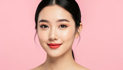 Fototapeta premium Serene Radiance: Captivating portrait of an Asian woman showcasing flawless skin and a genuine smile, embodying the essence of natural beauty.