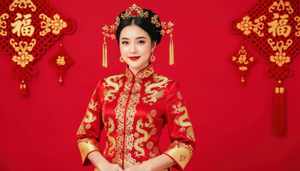 Radiant Bride in Traditional Attire: A radiant bride stands gracefully, adorned in an exquisite traditional gown and ornate headpiece, embodying elegance and cultural heritage.