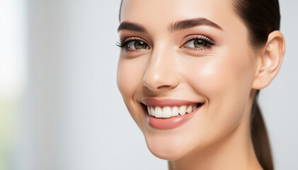 Obraz premium Radiant Beauty: A close-up portrait of a woman exudes confidence with a radiant smile, capturing a moment of pure and genuine happiness. 