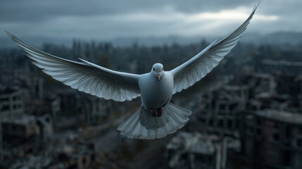 White dove flying over ruined city at dusk conveying peace amid destruction with soft light and dramatic wingspan