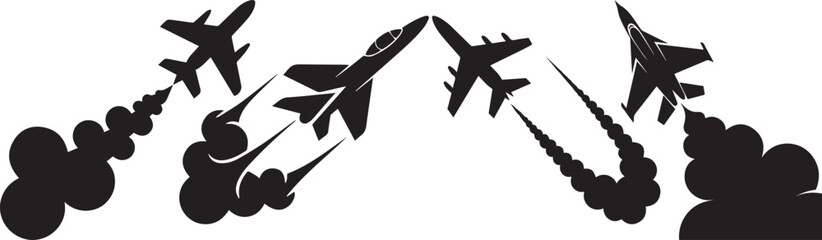 Fighter jet silhouettes in military air show formation with smoke trails on white background.  © Khurram