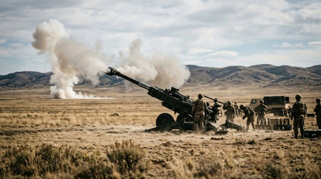 Military Artillery Fires Howitzer During War Games Training Exercise in Desert Landscape