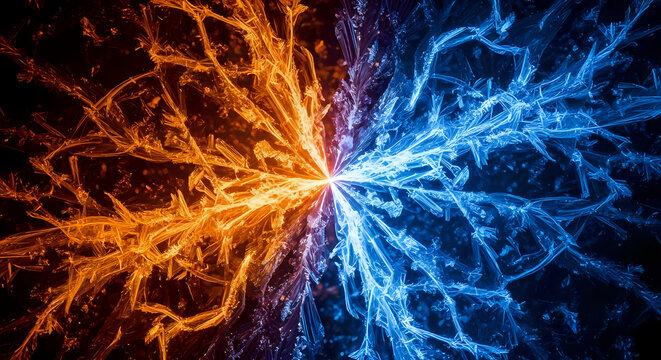 Abstract energetic explosion of glowing orange and blue light fractals, representing duality, contrast, energy, and opposing forces in a dark background.