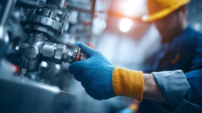 An industrial refrigeration technician checking ammonia valve assembly. Concept of cold storage facility maintenance.