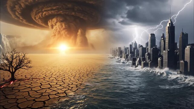 A striking dual-landscape illustration contrasts a barren, cracked desert with a single glowing-rooted tree, melting glaciers, and a vast dust cloud against a flooded modern cityscape.