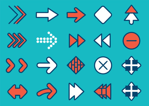 A collection of twenty stylized arrow icons featuring thick dark outlines and white and red fills is displayed against a flat turquoise background.
