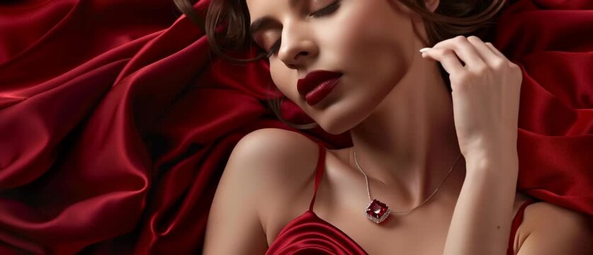 Ultra-realistic luxury Valentine jewelry campaign banner with female model wearing gold sapphire pendant, red gradient background, professional studio fashion photography, premium commercial aesthetic