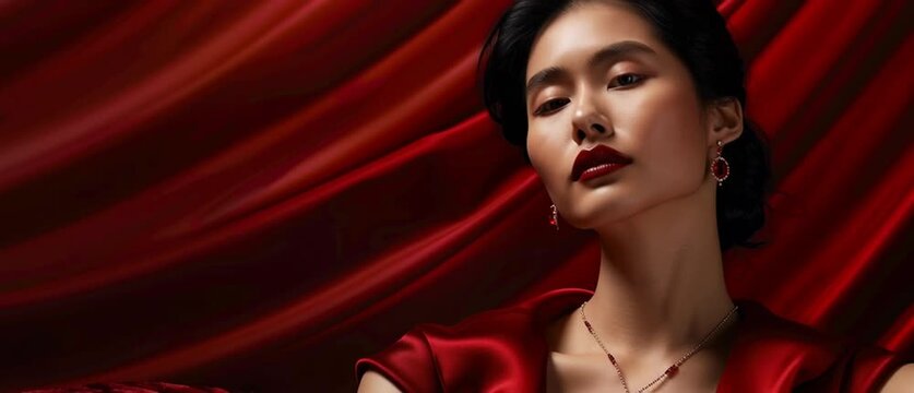 Ultra-realistic luxury Valentine jewelry campaign banner with female model wearing gold sapphire pendant, red gradient background, professional studio fashion photography, premium commercial aesthetic