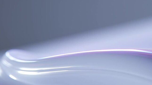 Close shot of white glossy glass surface edge with subtle purple reflection, soft gradient lighting on curved form, minimalist clean background, octane render style video.