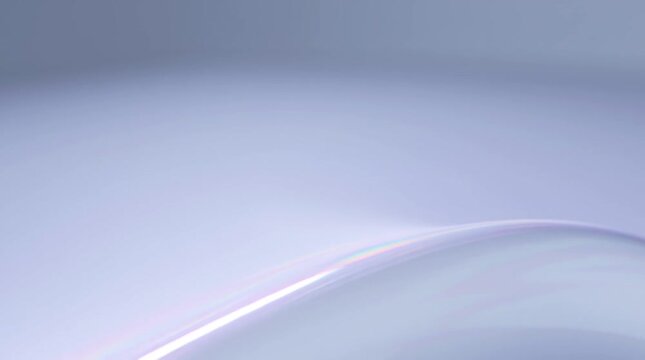 Close shot of white glossy glass surface edge with subtle purple reflection, soft gradient lighting on curved form, minimalist clean background, octane render style video.