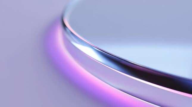 Close shot of white glossy glass surface edge with subtle purple reflection, soft gradient lighting on curved form, minimalist clean background, octane render style video.