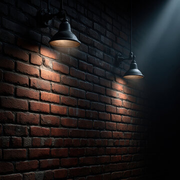 Brick wall illuminated by two industrial wall lamps casting warm pools of light and dramatic shadows on textured red brick in dark moody interior scene