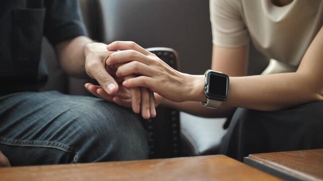 unrecognizable romantic couple holding hands. Trust and love concept. elderly retired man and woman together in house for unity, respect and compassion.