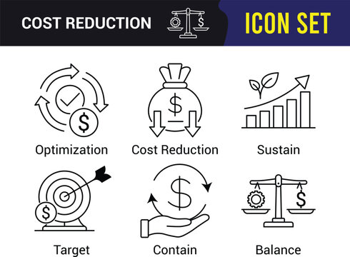 Icon set featuring cost reduction, optimization, and process improvement diagrams with target, container, and balance symbols in clean monochrome