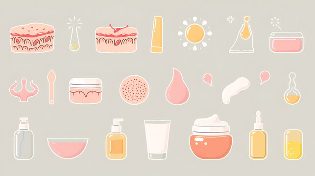 Skin care set icon. Dermis, skin, saggy skin, creams, oils, beauty, Korean cosmetics, epidermal protection, treatment, SPF, sweat, hydration, neomorphism. Appearance care concept.