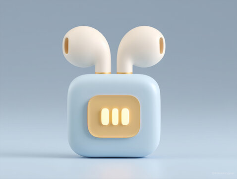3D Blue Claymorphism icon, 3D Wireless Earbuds Icon in Pastel Blue with Gold Details for Music and Technology Presentations