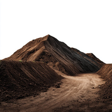 Large dirt berm and winding dirt road curving between tall mounds of excavated soil bright sky, textured earth layers and rugged construction landscape with subtle green sprout and dramatic light