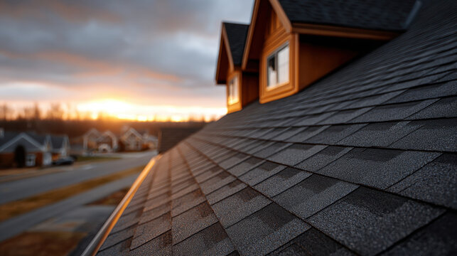 Asphalt shingle roof closeup at sunset on suburban house with dormer windows and blurred neighborhood background showing texture and warm light