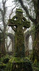 A weathered, moss-covered Celtic cross stands tall amidst a mystical, overgrown ancient ruin. Its intricate carvings tell tales of history and faith