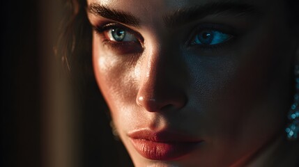 A close-up portrait of a beautiful woman with striking blue eyes and red lips