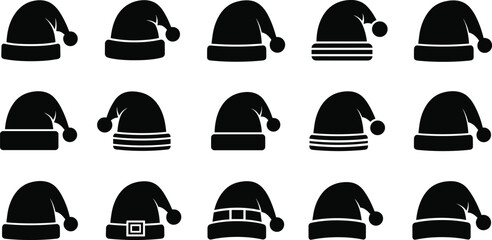 Santa Hat Silhouette Set Christmas Winter Holiday Cap Vector Collection Isolated on White