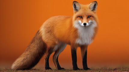 Obraz premium Full fox orange fur fox standing on grass with vivid orange background and bright alert expression, detailed coat texture and bushy tail creating warm natural portrait