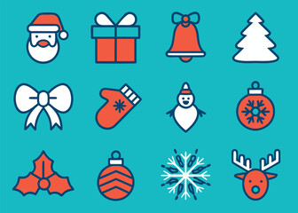 Naklejka premium A grid of twelve Christmas icons including a white bow and a red mitten is shown against a plain teal colored background.