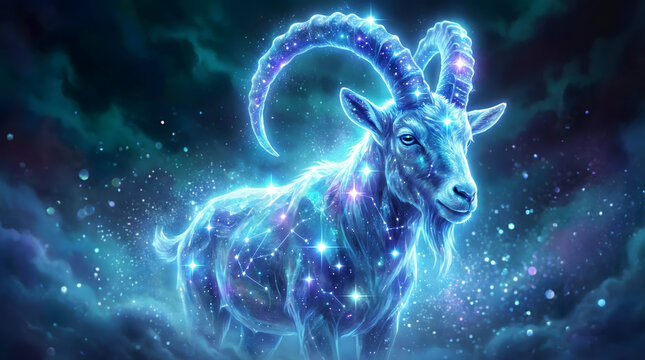 Celestial Capricorn Zodiac Symbol, a Blue Glowing Starry Creature from a Dreamy Galaxy, for Astrology Blogs, Spiritual Websites, Horoscope Charts, and Fantasy Art