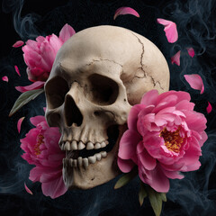 Human skull with pink peony and falling petals surrounded by smoke and ink splatter, moody contrast and floral decay mood