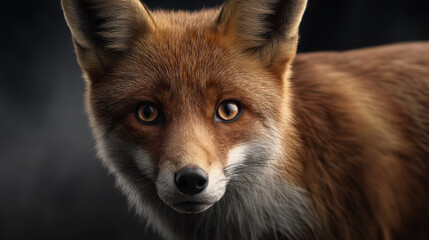 Obraz premium Red fox portrait with direct gaze showing detailed fur texture and warm amber eyes, dramatic soft lighting and shallow depth of field creating intimate wildlife mood