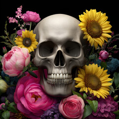 Human skull surrounded by bright sunflowers and pink peony and rose bouquet, contrasting life and mortality with vivid floral arrangement and dark background