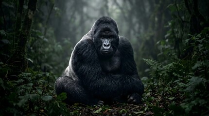 Intense Portrait of a Wild Mountain Gorilla in its African Forest Habitat.