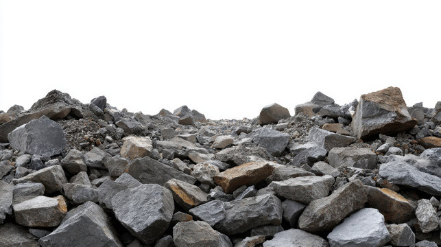 Gray concrete rubble pile with large jagged pieces scattered across level surface, rough texture and varied stone sizes creating desolate industrial landscape with neutral tones and gritty detail