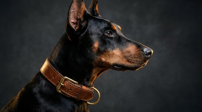 Elegant Doberman Pinscher dog profile, black and tan, wearing a stylish leather collar.