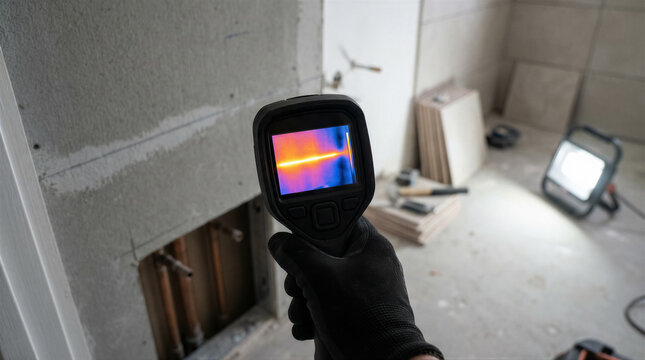 Thermal imaging camera held by a worker, detecting heat loss or water damage in a building during renovation