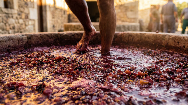 Traditional grape stomping during wine making process with bare feet crushing ripe grapes in a vat