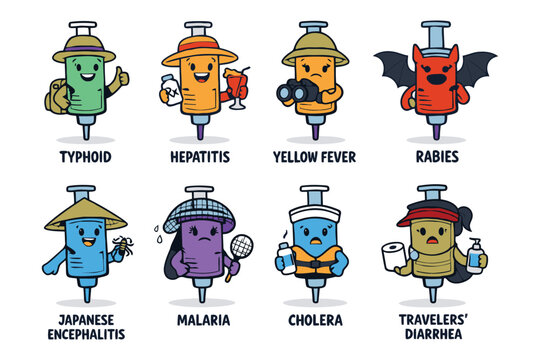 Cartoon syringes as characters representing various travel diseases and vaccinations syringe character disease vaccination typhoid