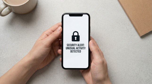 Hands holding a smartphone displaying a security alert for unusual activity detected, symbolizing cyber protection and data privacy