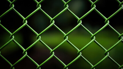 Fototapeta premium Green chain link fence closeup with shallow depth of field, painted metal wire grid pattern against blurred green background conveying texture and contrast