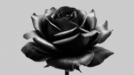 Black rose close up with dramatic lighting and dewy texture, minimalist monochrome floral study emphasizing petal detail and elegant contrast