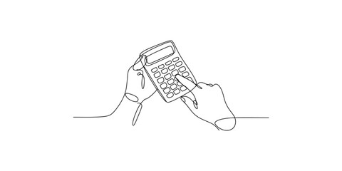 A simple black and white line drawing of a person's hands using a small handheld calculator © SR