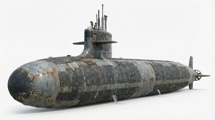 Fototapeta premium A weathered submarine surfaces in the ocean, viewed from the side, showcasing its aged metal exterior and worn propellers in a realistic illustration