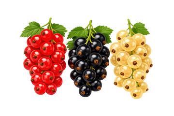 Grouping red, black, and white currant berries with green leaves