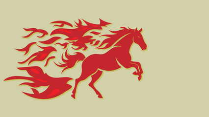 A dynamic red horse illustration with flowing mane running freely in a creative display of motion and energy © hildawati