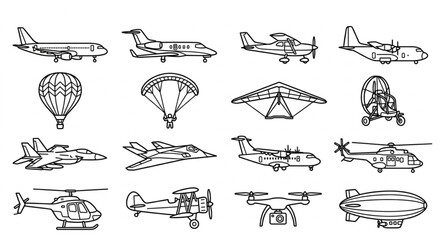Air Vehicles Collection Line Art Vector Icons Set ( © Yuzma