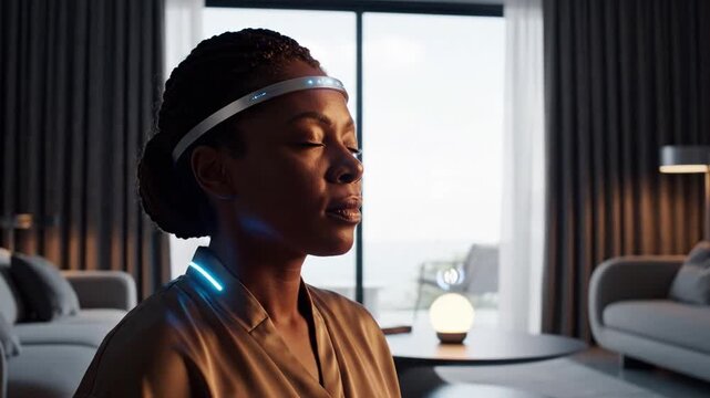 African Woman With Glowing Headband. Calm Asian Woman Practicing Mindfulness In Contemporary Space. Serene Female Meditator In Stylish Living Environment Enjoying Peaceful Biohacking Routine