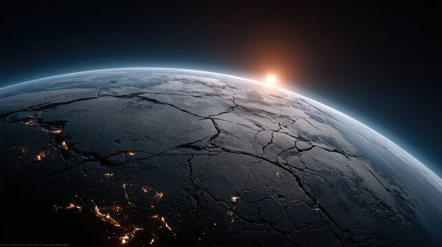 View from deep space cinematic planet gigapixel standard v x sunrise over cracked frozen surface with city lights glowing across tectonic fractures evoking dramatic and serene mood