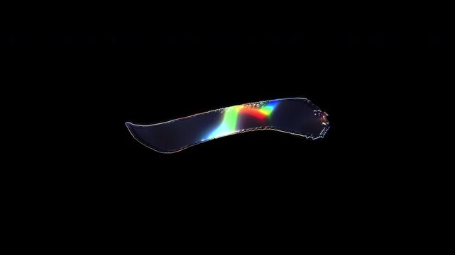 A brush-painted Japanese prolonged sound mark "長音記号" shimmering with various colored lights on a glass-like surface with an alpha channel. Seamless loop video.