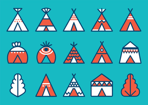Fifteen unique tribal shelters and landscape elements including teepees and yurts arranged on a bright teal background in a vector icon set.