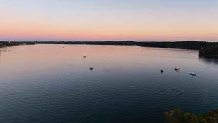 Fototapeta premium Sunset aerial View of the Great Bay at the Scammell Bridge in New Hampshire